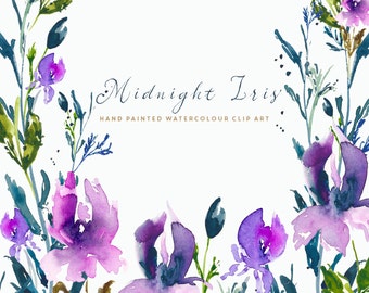 Watercolor Flower Hand Painted Clipart - Wildflower Clipart - Iris Clipart - Wedding Clipart - Digital Download - PNG - Midnight Iris