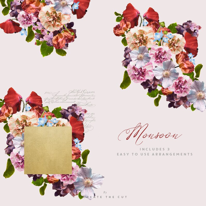 Pode incluir: Um download digital de tr&ecirc;s arranjos florais com flores rosa, vermelhas e azuis. O texto "Monsoon" e "Includes 3 Easy to Use Arrangements" est&aacute; escrito em it&aacute;lico vermelho. O texto "By Create The Cut" est&aacute; escrito em preto.
