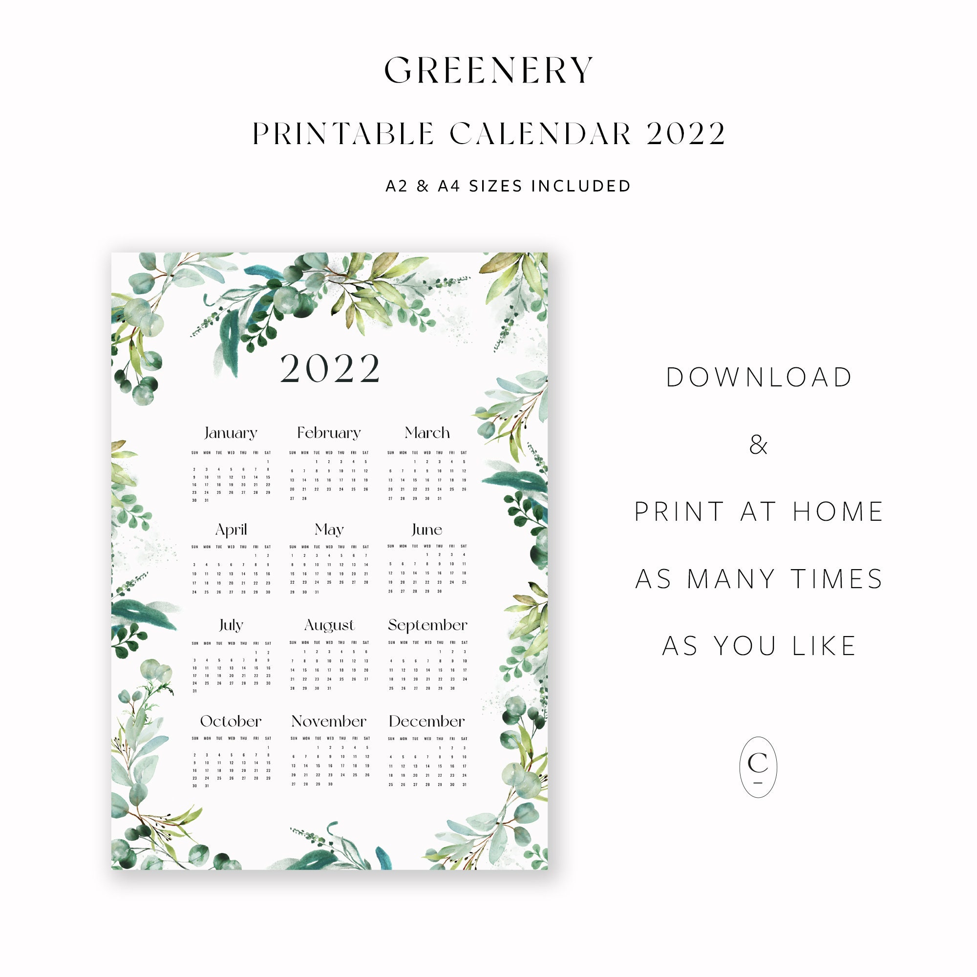 yearly printable calendar 2022 greenery planner 2022 etsy new zealand