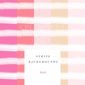 Op de afbeelding: Een set van 9 digitale papierachtergronden met een gestreept patroon in tinten roze, perzik en beige. De tekst "STRIPE BACKGROUNDS" en "Blush" wordt in het midden van de afbeelding weergegeven.
