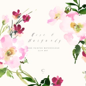 Op de afbeelding: Waterverf schilderij van roze en bordeauxrode rozen met groene bladeren. De tekst "Rose & Burgundy" en "Hand Painted Watercolour Clip Art" is geschreven in zwarte cursieve letters.