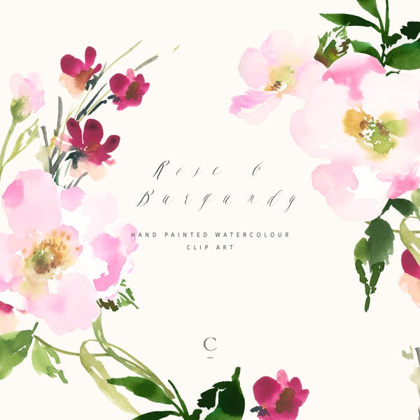 Rose & Burgundy | Hand-Painted Watercolour Spring Flower Graphics | Rose Clip Art | Burgundy Blossoms | Create the Cut