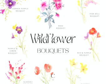 Bouquet di fiori selvatici, Fiori di campo Acquerello Clipart - Clipart floreale ad acquerello - Bouquet di nozze Clipart - Download digitale - PNG