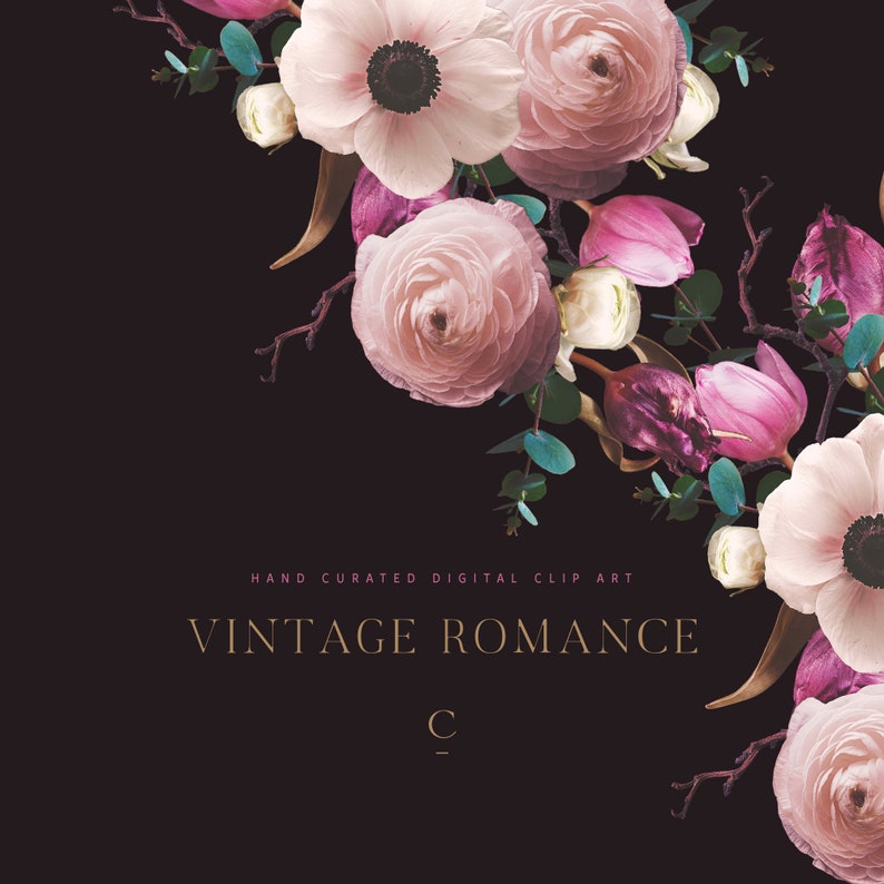 May include: A bouquet of pink, white, and purple flowers with green leaves on a black background. The flowers are arranged in a cluster and the text "HAND CURATED DIGITAL CLIP ART VINTAGE ROMANCE" is written below the flowers.