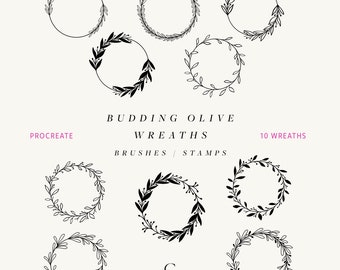 Hand Drawn Procreate Wreath Brushes - Procreate Garland Stamps - Olive Wreath Procreate Stamps - Flower Procreate Brush - Budding Olive