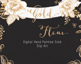 Line Art Clipart - Golden Flower Clip Art - Floral Clipart - Gold Clip Art - Download digital - PNG - Botanical Clipart - Gold Fleur