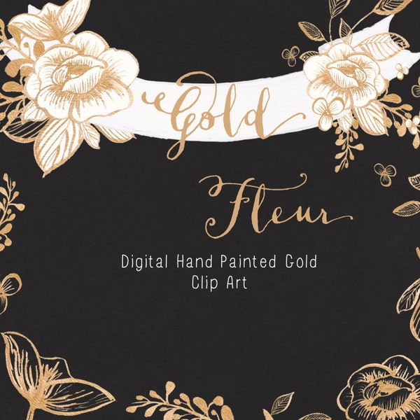 Line Art Clipart - Golden Flower Clip Art - Floral Clipart - Gold Clip Art - Digital Download - PNG - Botanical Clipart - Gold Fleur