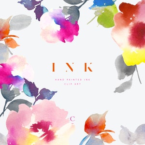 Peut inclure: Clip art floral aquarelle avec des fleurs roses, bleues, jaunes et orange. Le texte "INK" et "HAND PAINTED INK CLIP ART" est au centre de l'image.
