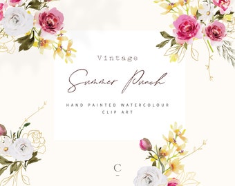 Vintage Summer Punch, Floral Watercolor Fine Art Clipart - Watercolor Floral Clipart  - Wedding Bouquet Clipart - Digital Download - PNG