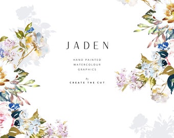 Jaden | Aquarelle peinte à la main Fleur Clip Art | Jasmin blanc | Rhododendron blanc | Anémones bleues | Créer la coupe