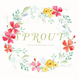 Clip Art aquarelle peint à la main - Couronne d’aquarelle - Clipart floral - Freesia rouge PNG - Poppy jaune PNG - Monogram Clipart - Sprout