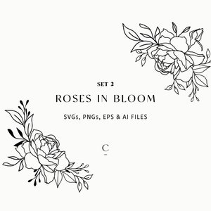 May include: A black and white line drawing of two roses in bloom. The roses are drawn in a simple, elegant style. The text "SET 2 ROSES IN BLOOM SVGS, PNGS, EPS & AI FILES" is below the roses.