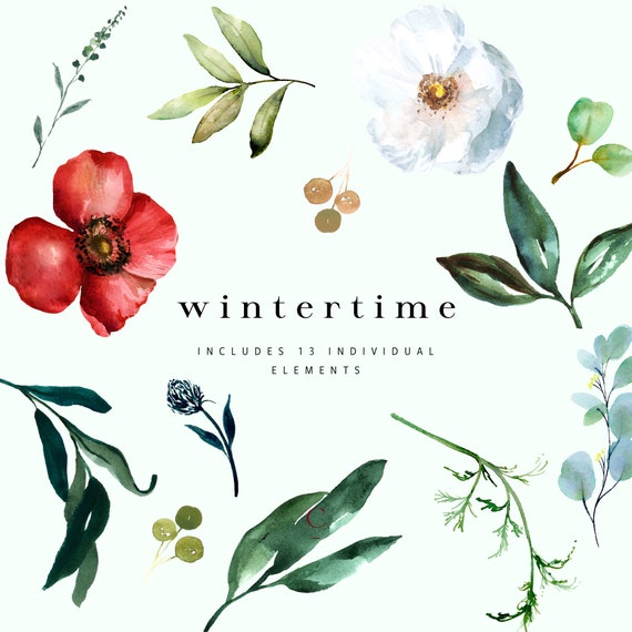 Bright Winter Florals, Watercolor Winter Floral Clipart, Winter PNG, Winter  Floral Background, Wedding Winter Invitation 