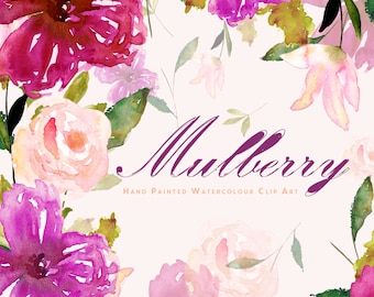 Morera / Flores de acuarela / Clip Art pintado a mano / Anémona púrpura y morera / Rosas rosas / Hojas dispersas / Crea el corte