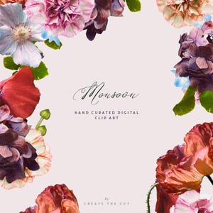 Pode incluir: Um conjunto de imagens digitais que apresenta ilustra&ccedil;&otilde;es em aquarela de v&aacute;rias flores, incluindo papoulas, hort&ecirc;nsias e cravos. As flores est&atilde;o dispostas em um design de canto com um fundo branco. O texto "Monsoon" est&aacute; escrito em cursiva sobre as palavras "Hand Curated Digital Clip Art" e "By Create The Cut".