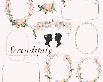 Serendipity | Hand-Painted Wedding Clip Art | Blue, Pink & Peach Lisianthus | String of Pearls Vine | Create the Cut