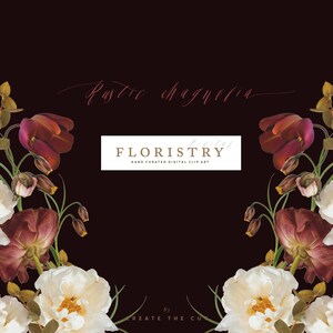 May include: A digital illustration of a floral arrangement with white roses and burgundy tulips. The text "Rustic Magnolia" is written in cursive script at the top of the image. The text "FLORISTRY" is written in a serif font with a gold border. The text "HAND CURATED DIGITAL CLIP ART" is written below the word "FLORISTRY". The text "By CREATE THE CUR" is written at the bottom of the image.