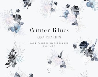 10 Winter Blues Arrangements Watercolor Ferns and Winter Greenery - Winter Clipart Arrangement - Wedding Greenery - 10 Finished Wreaths