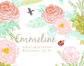 Emmeline | Watercolour Hand-Painted Clip Art | Pink Roses | Lilac Roses | Ferns | Bushes | Foliage | Dragonfly | Ladybird | Create the Cut