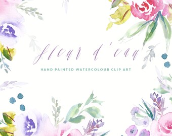 Fleur D'eau | Flower Watercolour Clip Art | Pink Peonies | Blue Water Hyacinths | Rosemary Bush Flowers | Leaves | Berries | Create the Cut