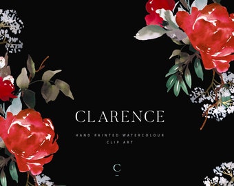 Clarence | Hand-Painted Watercolour Clip Art | Red Peony | Cotton Flower | White Heliotrope | Winter Clip Art | Create the Cut