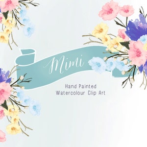Mimi | Aquarelle Fleurs | | d’images clipart peintes à la main Lys trompettes pêche & rose | Coquelicots bleu pastel | Créer la coupe
