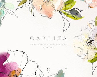 Watercolor Clipart - Floral Clipart - Flower Clip Art - Watercolor Flowers  - Line Art - PNG - Digital Download - Planner Clipart - Carlita