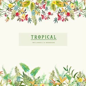 May include: A digital illustration of two tropical borders with green leaves, yellow, red, and orange flowers. The text "TROPICAL" and "INCLUDES 2 X BORDERS" is in the center of the image.