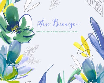 Sea Breeze | Watercolour Flower Hand-Painted Clip Art | Blue Wildflowers | Siberian Squill | Lemon Leaves | Create the Cut