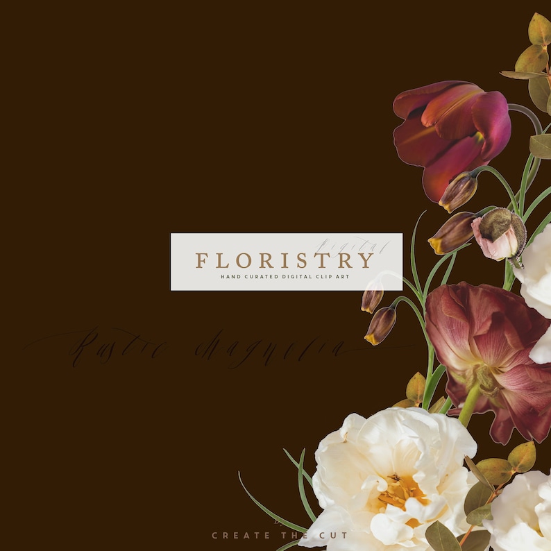 May include: A digital clip art image of a bouquet of white and burgundy flowers with green leaves. The image is labeled "FLORISTRY digital HAND CURATED DIGITAL CLIP ART" and "rustic magnolia".