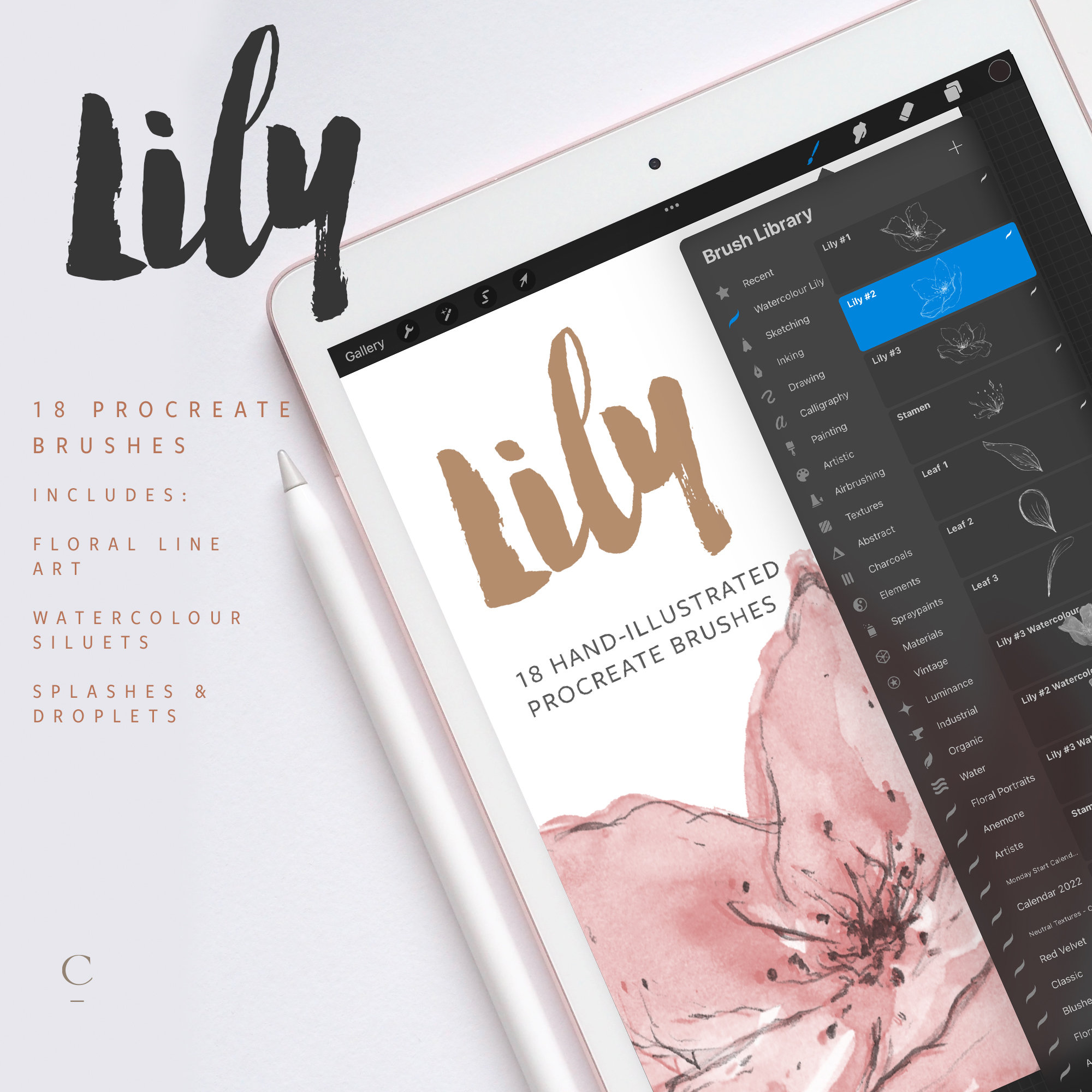 Lily, 18 Floral Procreate Brushes - Procreate Stamps - Flower Stamps ...