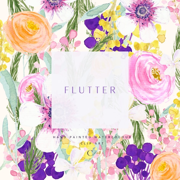 Flutter | Watercolour Hand-Painted Clip Art | Ranunculus | Anemones | Hydrangeas | Ferns | Foliage | Berries | Create the Cut