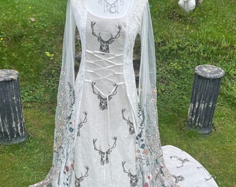 Stunning Celtic Ivory Stag meadow boho goddess medieval Fairyvore renaissance  Handfasting Pagancore wedding gown / dress 8 TO 14