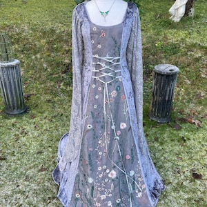 boho Dark Silver Pewter Celtic meadow renaissance medieval pagan handfasting gown / cape dress  8 to 14
