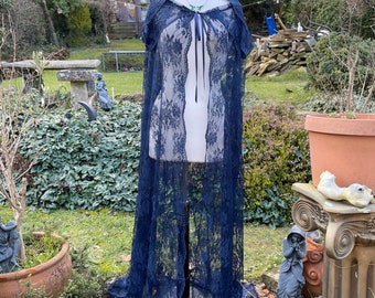 Navy Blue boho Magical lace Renaissance medieval  fairy wedding Pagan handfasting cloak