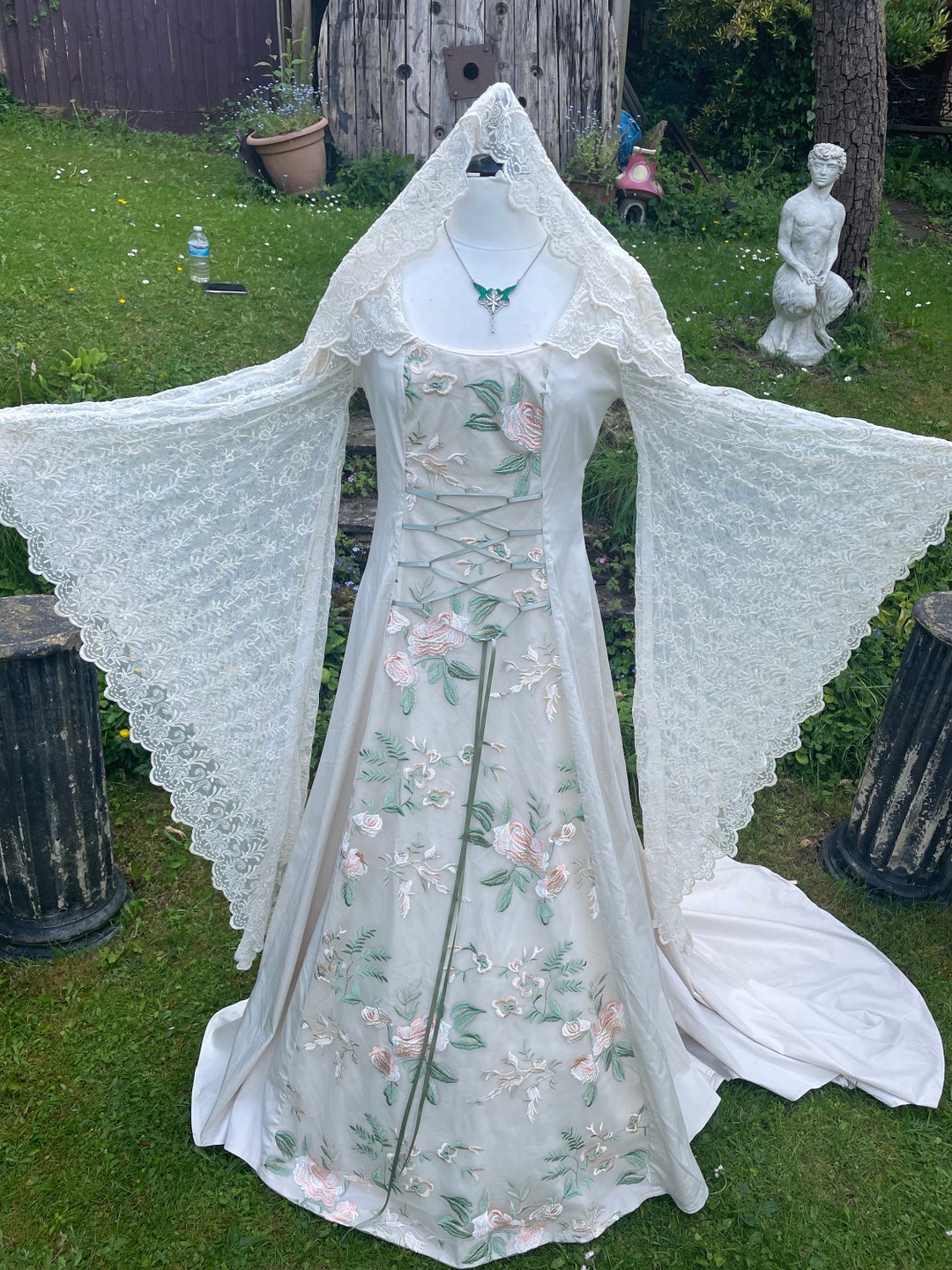 Celtic Hooded Pale Champagne Ivory Duchess Satin Bride Ivory Rose Meadow  Boho Medieval Renaissance Handfasting Wedding Gown Dress 8 TO 14 - Etsy, image size:1080x1440