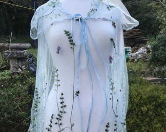 Exquisite pale blue Woodland  meadow Fairycore boho pre Raphilite elfcore medieval renassiance wedding Pagan handfasting embroidered cloak