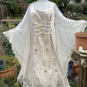 Bespoke Celtic  Celestial Moon & Stars Ivory meadow boho Duchess Satin pagan medieval wedding gown / dress size 26 to 38