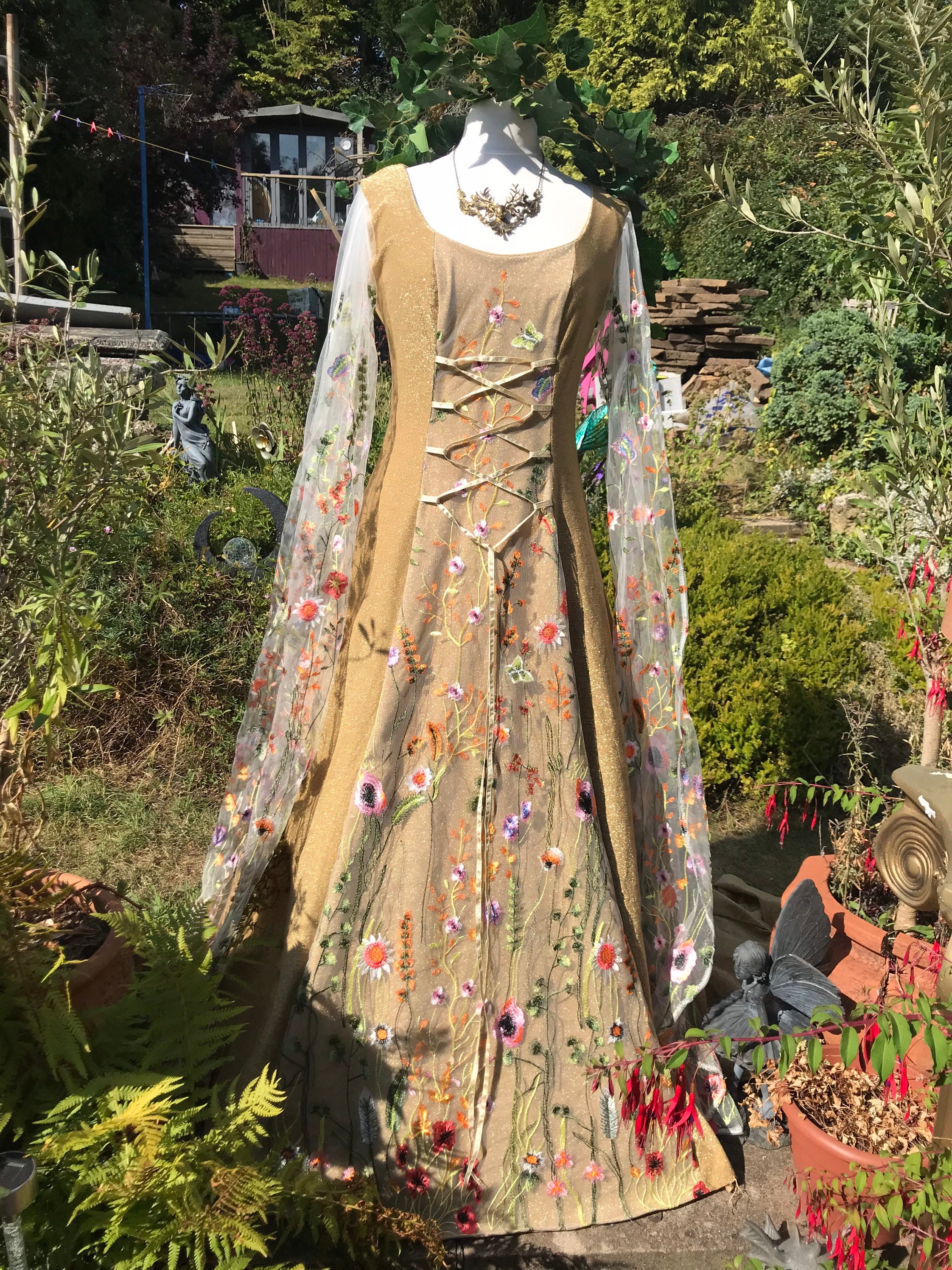 Image of Bespoke Sparkly Gold Celtic Fairy Summer Autumn Meadow Medieval Renaissance Pagan Handfasting Wedding Gown/Party Dress  To