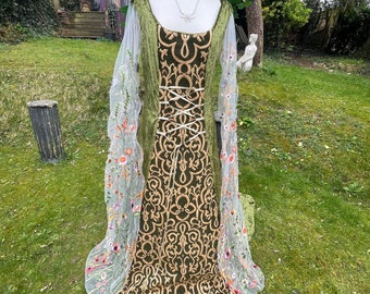 Celtic Green Beltane Elvencore Summer  meadow promcore  boho Elfcor  renaissance medieval pagan handfasting wedding gown / dress uk 16 to 20