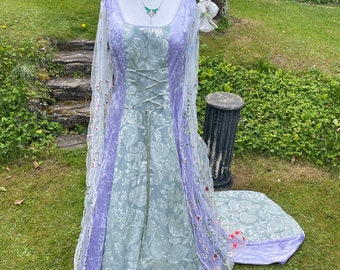 Elfcore  Fairycore  lilac  & green forest  gown meadow boho renaissance medieval Promcore Pagancore  Celtic handfasting gown dress 16 to 22