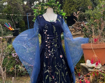 Navy Blue meadow Celtic Bride goddess medieval boho renaissance  Handfasting wedding gown / dress 14 TO 22
