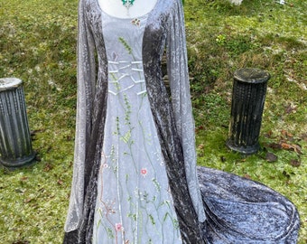 Boho  Dark Silver Pewter Celtic meadow renaissance medieval pagan handfasting gown / cape dress  8 to 14