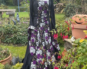 Skull purple and Black Goth Samhain Meadow Halloweencore  ball renaissance pagan witch Handfasting Medieval wedding gown / dress 8 to 14