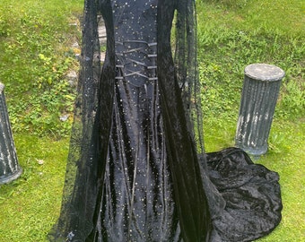 Black  dark fairycore Celtic Celestial Moon & Stars boho elfcore medieval renaissance  pagancore Handfasting celtic wedding dress 8 to 14