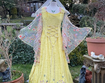 Hooded Elfcore Celtic  Yellow boho summer solstice Litha meadow medieval renaissance  pagan Handfasting Fairycore wedding dress 8 to 14