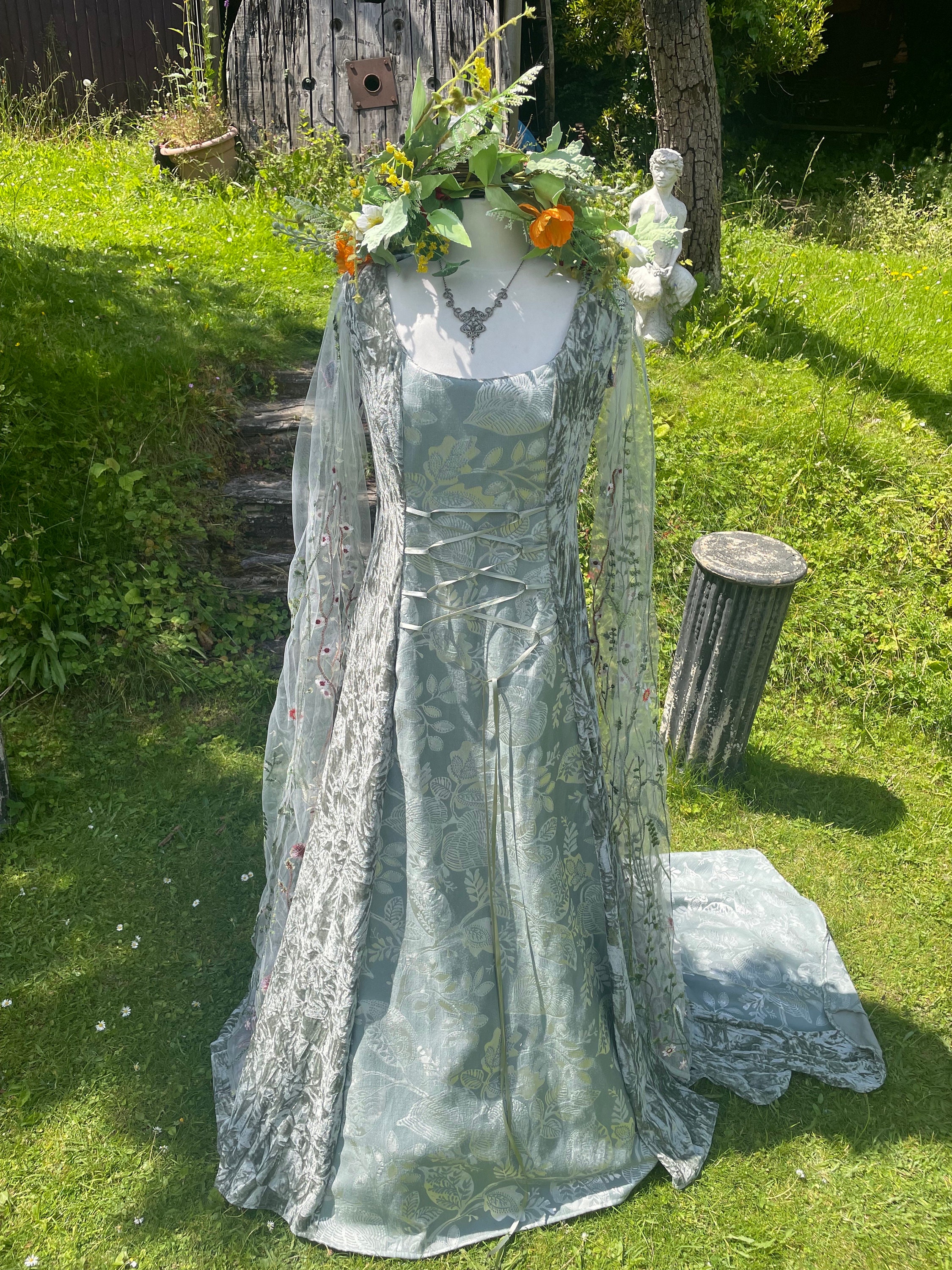 green celtic wedding dress Celtic Wedding Dress Hand-Embroidered - Rowan Branch & Lace Gown - Irish / Scottish / Viking / Norse Symbolism - Custom Made