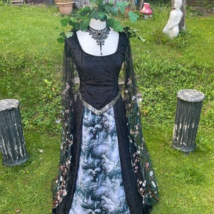 Bespoke witchcore goth "timeless Owls in the Graveyard Night " Tudor Gothcore Prom  gown medieval renaissance pagan Handfasting celtic