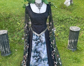 Bespoke witchcore goth "timeless Owls in the Graveyard Night " Tudor Gothcore Prom  gown medieval renaissance pagan Handfasting celtic