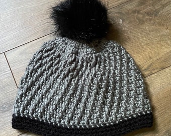 SAMPLE SALE Womens Beanie Gray with Black Faux Fur Pom Pom Knit Hat